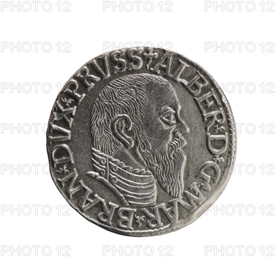 Trojak, Schilling, Maciej mintmaster / publisher, Decjusz, Jost Ludwik fl. 1528–1535 co-creator; mint manager. Albrecht Hohenzollern Prince of Prussia; 1490–1568 — iconography: trefoils, male busts in armour. Obverse: male bust in armour in profile turned right; short hair, long pointed beard with sideburns. In the rim an inscription beginning with a trefoil -ALBER DG MAR BRAN DVX PRVSS, pearl border, plant motifs between the words. Reverse: in the pearl border an inscription in six lines -III-/.GROSS:AR:/.TRIPLEX./.ALBER:DVC./.PRVSSIE./-1544-. The denomination and date are between trefoil marks. 1544. Ducal Prussia 1525–1701, Königsberg mint. Coin; diameter 21.0 mm; weight 2.59 g; axis 200°., A round metallic coin with a raised profile of a bearded man wearing a high, decorated collar, rendered in detailed engraving; the man faces right and has short textured hair and a long beard. The coin surface is silver-gray with darker recessed areas creating contrast. Around the rim is a raised...