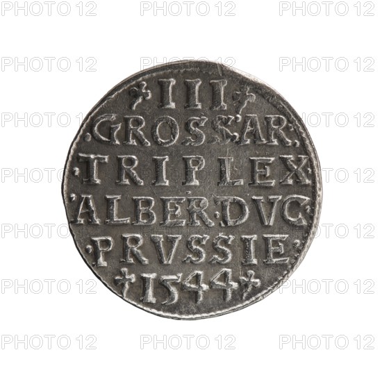 trojak; maker: Schilling, Maciej mintmaster; co-creator: Decjusz, Jost Ludwik fl. 1528–1535, mint manager. Subject: Albrecht Hohenzollern Prince of Prussia; 1490–1568 — iconography includes trefoils and male busts in armour. Obverse: male bust in armour in profile to the right; short hair, long pointed beard with sideburns; rim inscription beginning with a trefoil: -ALBER DG MAR BRAN DVX PRVSS; pearl border and plant motifs between words. Reverse: six-line inscription in the pearl border: -III-/.GROSS:AR:/.TRIPLEX./.ALBER:DVC./.PRVSSIE./-I544-; denomination and date between trefoil marks. Date: 1544. Place: Ducal Prussia 1525–1701, Königsberg mint. Object: coin trojak. Physical: diameter 21.0 mm, weight 2.59 g, axis 200°., A round metallic coin with a worn, textured surface in shades of silver and gray, showing a raised rim and a group of raised, blocky shapes arranged in horizontal lines across the face; the coin's edges are slightly irregular and darker along the perimeter, and the o...