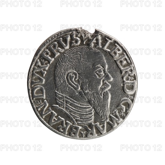 Trojak coin by Schilling, Maciej mintmaster and co-creator Decjusz, Jost Ludwik fl. 1528–1535 mint manager. Obverse: male bust in armour in profile to right; short hair, long beard with sideburns; rim inscription beginning with a trefoil: -ALBER DG MAR BRAN DVX PRVS; pearl border; plant motifs between words. Reverse: pearl border with six-line inscription: -III-/.GROSS:AR:/.TRIPLEX./.ALBER:DVC./.PRVSSIE./-I544-; denomination and date between trefoil marks. 1544. Ducal Prussia. Königsberg mint. Coin; diameter 21.2 mm; weight 2.63 g; axis 270°., A round metallic coin with a worn surface showing a raised profile of a bearded man facing right; the coin displays detailed engraved hair, ear, beard, and a high-collared garment. The coin edge is irregular with a small chip and dent at the top. The surface shows areas of shine and darker patina, giving tones of silver and gray. The background is plain white.