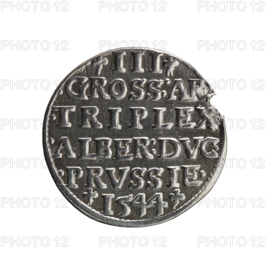Trojak; maker: Schilling, Maciej mintmaster; co-creator: Decjusz, Jost Ludwik fl. 1528–1535, mint manager. Obverse: male bust in armour in profile to right; short hair, long beard with sideburns; in rim an inscription beginning with a trefoil: -ALBER DG MAR BRAN DVX PRVS; pearl border, plant motifs between words. Reverse: pearl border with six-line inscription: -III-/.GROSS:AR:/.TRIPLEX./.ALBER:DVC./.PRVSSIE./-I544-; denomination and date between trefoil marks. Date: 1544. Place: Ducal Prussia, Königsberg. Object: coin trojak, diameter 21.2 mm, weight 2.63 g, axis 270°., A round metallic coin with a worn, reflective silver-gray surface and darker recessed areas; the coin shows a raised rim and a section of its edge that is chipped. The face displays rows of raised rectangular shapes and blocks that form a repeating pattern across the surface, creating textured horizontal bands. The metal shows scratches and small dents, with varied highlights and shadows emphasizing the raised elements...