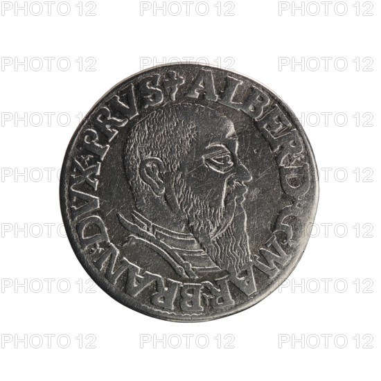 Trojak; maker: Schilling, Maciej mintmaster; co-creator: Decjusz, Jost Ludwik fl. 1528–1535; mint manager. Subject: Albrecht Hohenzollern Prince of Prussia; 1490–1568 — iconography includes trefoils and male busts in armour. Obverse: male bust in armour in profile to right; short hair, long beard with sideburns; rim inscription beginning with a trefoil: -ALBER DG MAR BRAN DVX PRVS; pearl border; plant motifs between words. Reverse: six-line inscription in the pearl border: -III-/.GROSS:AR./.TRIPLEX./.ALBER:DVC./.PRVSSIE./-I544-; denomination and date between trefoil marks. Date: 1544. Place of issue: Königsberg, Ducal Prussia 1525–1701. Object type: coin trojak. Measurements: diameter 21.2 mm; weight 2.46 g; axis 180°., A round metallic coin with a worn surface showing a raised profile of a bearded man facing right, with textured hair and a detailed beard, and raised decorative collar lines below his chin; the coin rim has a raised edge with embossed lettering around the portrait; visi...