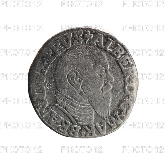 trojak, Schilling, Maciej mintmaster; Decjusz, Jost Ludwik fl. 1528–1535 co-creator; mint manager; trefoils; Albrecht Hohenzollern Prince of Prussia; 1490–1568 — iconography; male busts in armour; Obv. Male bust in armour in profile turned to the right; short hair, long beard with sideburns. In the rim an inscription beginning with a trefoil: -ALBER DG MAR BRAN DVX PRVS; pearl border, plant motifs between the words. Rv. In the pearl border an inscription in six lines: -III-/GROSS:AR:/.TRIPLEX./ALBER:DVC./.PRVSSIE./-I544-; the denomination and date are between the trefoil marks. 1544; Ducal Prussia 1525–1701; Königsberg mint; coin; diameter 20.9 mm; weight 2.32 g; axis 180°., A circular metallic object with a worn, textured silver-gray surface showing a raised portrait in profile of a bearded person facing right, with visible ear, facial features, and a layered collar or garment at the neck; the rim is slightly irregular and shows a ring of raised decorative elements around the portrait...