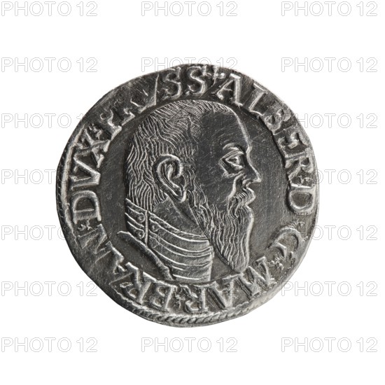 trojak, Schilling, Maciej mintmaster publisher, Decjusz, Jost Ludwik fl. 1528-1535 mint manager co-creator, Albrecht Hohenzollern Prince of Prussia; 1490-1568 - iconography, trefoils, male busts in armour. Obv. Male bust in armour in profile turned to the right; short hair, long beard with sideburns. In the rim an inscription beginning with a trefoil -ALBER DG MAR BRAN DVX PRVSS pearl border, plant motifs between the words. Rev. In the pearl border there is an inscription in six lines -III-/.GROSS:AR:/.TRIPLEX./.ALBER:DVC./.PRVSSIE./-I544- The denomination and date are between the trefoil marks. 1544, Ducal Prussia 1525-1701, Königsberg, coin; diameter 21.1 mm, weight 2.52 g, axis 270°., A circular metallic coin with a raised profile of a bearded man facing right, showing detailed hair texture, ear, eye, nose, mustache, and a long beard; the man wears a high, layered collar with engraved lines. The coin's rim is slightly irregular and features raised decorative elements. The visible co...
