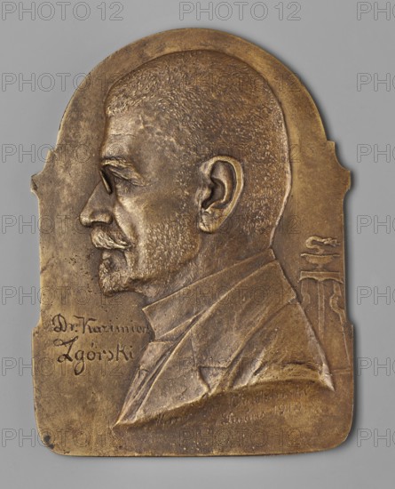 Kazimierz Zgórski; Chodzinski, Kazimierz Mieczyslaw 1861–1921 author, medalist; Kupiecki, Jan foundry, co-creator; Chodzinski, Kazimierz 1861–1919. Plaque 1919, Poland. Obverse: male bust in left profile wearing pince-nez, small trimmed beard and mustache, high stiff shirt collar, tie, jacket; in the right background on a tripod a goblet with a snake emerging from it; inscription at neck height on the left. Dimensions: 125 mm; 167 mm., A bronze relief plaque showing a left-facing male profile with short hair, a mustache, and a trimmed beard, depicted from the shoulders up and wearing a collared garment; the plaque has an arched top with small decorative notches on the sides and a flat bottom, and its surface shows textured tooling and patina in shades of brown, gold, and darker bronze, set against a neutral gray background.