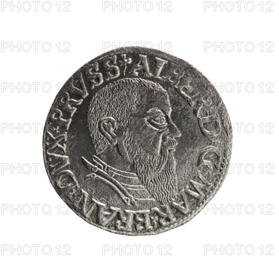trojak, Schilling, Maciej mintmaster; Decjusz, Jost Ludwik fl. 1528–1535 co-creator, mint manager. Albrecht Hohenzollern Prince of Prussia; 1490–1568 — iconography: trefoils, male busts in armour. Obverse: male bust in armour in profile turned to the right; short hair, long beard with sideburns. In the rim an inscription beginning with a trefoil: -ALBER DG MAR BRAN DVX PRVS; pearl border, plant motifs between the words. Reverse: in the pearl border an inscription in six lines: -III-/.GROSS:AR:/.TRIPLEX./.ALBER:DVC./.PRVSSIE./-I544- . The denomination and date are between trefoil marks. Date: 1544. Place: Ducal Prussia 1525–1701, Königsberg mint. Coin. Diameter 21.3 mm; weight 2.54 g; axis 45°., A round metallic object with a raised profile of a bearded man facing right, showing textured hair and a long, wavy beard, a visible ear, and a layered collar; the surface has engraved decorative patterns and raised rim with embossed elements around the edge; colors visible include silver and gr...