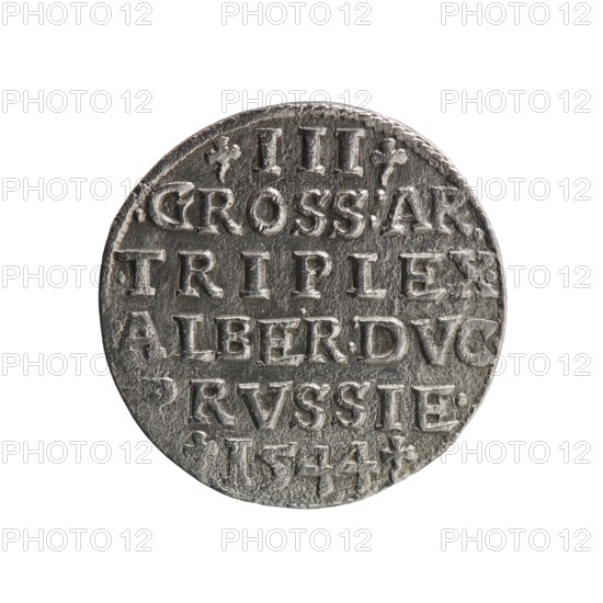trojak, Schilling, Maciej mintmaster/publisher, Decjusz, Jost Ludwik fl. 1528-1535 co-creator; mint manager, Albrecht Hohenzollern Prince of Prussia; 1490-1568 - iconography: trefoils, male busts in armour. Obv.: male bust in armour in profile turned to the right; short hair, long beard with sideburns. In the rim an inscription beginning with a trefoil -ALBER DG MAR BRAN DVX PRVS; pearl border, plant motifs between the words. Rev.: in the pearl border an inscription in six lines -III-/.GROSS:AR:/.TRIPLEX./.ALBER:DVC./.PRVSSIE./-I544-. The denomination and date are between the trefoil marks. 1544. Ducal Prussia 1525–1701, Königsberg mint. Coin; diameter 21.3 mm, weight 2.54 g, axis 45°., A round metallic object with a worn, textured surface photographed against a white background; the object appears silver-gray with darker recessed areas and lighter raised highlights, showing a weathered patina and irregular edge; the surface features a series of raised, block-like shapes arranged in ho...