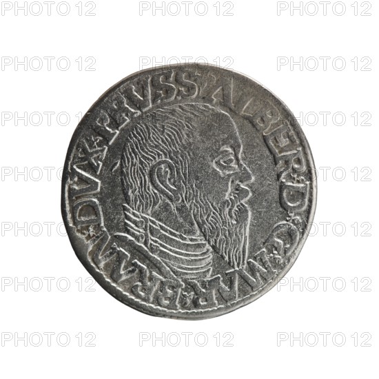Trojak, Schilling, Maciej mintmaster; Decjusz, Jost Ludwik fl. 1528–1535 co-creator; Albrecht Hohenzollern Prince of Prussia; 1490–1568 — iconography: trefoils, male busts in armour. Obverse: male bust in armour in profile to the right; short hair, long pointed beard with sideburns; rim inscription beginning with a trefoil: -ALBER DG MAR BRAN DVX PRVSS; pearl border, plant motifs between words. Reverse: inscription in six lines within pearl border: -III-/.GROSS:AR:/.TRIPLEX./.ALBER:DVC./.PRVSSIE./-I544-; denomination and date between trefoil marks. 1544. Ducal Prussia 1525–1701; Königsberg mint. Coin trojak/schilling; diameter 21.0 mm; weight 2.48 g; axis 340°., A round metallic object with a raised profile of a bearded man in relief facing right, showing detailed hair and beard lines and a high collar with layered bands; the surface is textured with worn areas and recessed grooves, and there is a raised rim around the edge. The visible colors are silver, gray, and darker gray tones.