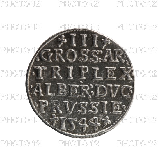 trojak, Schilling, Maciej mintmaster / publisher, Decjusz, Jost Ludwik fl. 1528-1535 co-creator; mint manager, Albrecht Hohenzollern Prince of Prussia; 1490-1568 - iconography, trefoils, male busts in armour. Obv.: male bust in armour in profile turned to the right; short hair, long pointed beard with sideburns. In the rim an inscription beginning with a trefoil: -ALBER DG MAR BRAN DVX PRVSS; pearl border, plant motifs between the words. Rev.: in the pearl border an inscription in six lines: -III-/.GROSS:AR:/.TRIPLEX./.ALBER:DVC./.PRVSSIE./-I544-; the denomination and date are between the trefoil marks. 1544. Ducal Prussia 1525–1701, Königsberg mint. Coin; diameter 21.4 mm, weight 2.62 g, axis 20°., A round metallic coin with a worn textured surface, showing raised lettering and decorative marks across its face; the coin appears primarily silver and dark gray with lighter highlights on the raised areas and darker recessed areas, and the edge shows a slightly irregular rim.