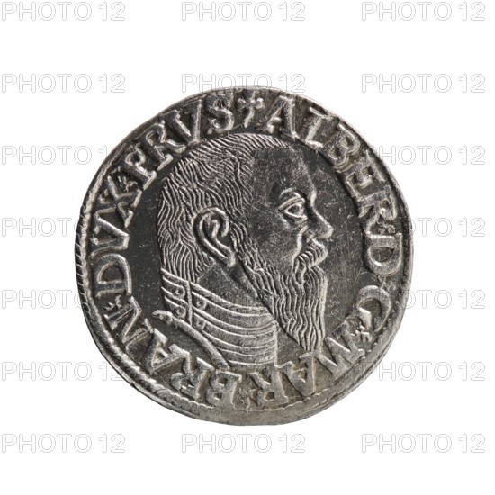 trojak; Schilling, Maciej mintmaster / publisher; Decjusz, Jost Ludwik fl. 1528–1535 co-creator / mint manager. Obv.: male bust in armour in profile turned right; short hair, long pointed beard with sideburns; rim inscription beginning with a trefoil: -ALBER DG MAR BRAN DVX PRVS; pearl border; plant motifs between words. Rev.: inscription in six lines in the pearl border: -III-/.GROSS:AR:/.TRIPLEX./.ALBER:DVC./.PRVSSIE./-I544-; denomination and date between trefoil marks. 1544. Ducal Prussia 1525–1701; Königsberg mint. Coin; diameter 21.2 mm; weight 2.71 g; axis 315°., A circular metallic coin with a raised portrait of a bearded man in profile facing right, showing detailed hair and beard texture and a patterned collar; the coin surface appears silver-gray with darker recessed areas and lighter worn highlights, and a raised rim encircles the portrait.