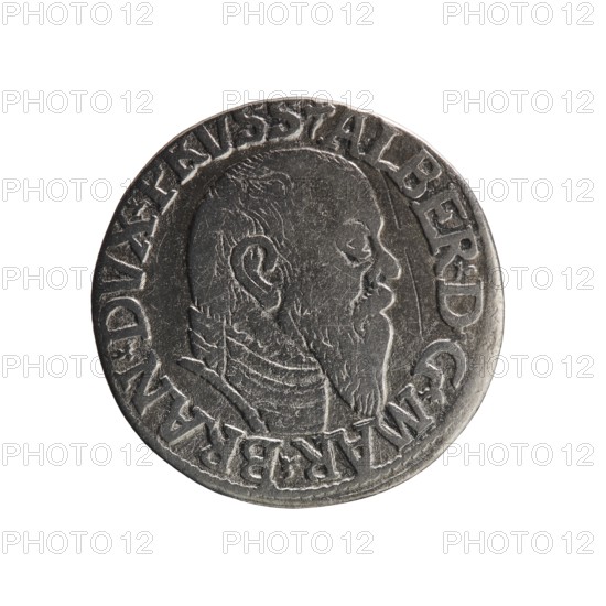 Trojak, Schilling, Maciej mintmaster; Decjusz, Jost Ludwik fl. 1528–1535 co-creator; Albrecht Hohenzollern Prince of Prussia; 1490–1568 — iconography: trefoils, male busts in armour. Obverse: male bust in armour in profile turned to the right; short hair, long pointed beard with sideburns; in the rim an inscription beginning with a trefoil -ALBER DG MAR BRAN DVX PRVSS; pearl border, plant motifs between the words. Reverse: in the pearl border an inscription in six lines -III-/.GROSS:AR:/.TRIPLEX./.ALBER:DVC./.PRVSSIE./-1545-; the denomination and date are between trefoil marks. 1545; Ducal Prussia 1525–1701, Königsberg mint; coin; diameter 21.0 mm; weight 2.54 g; axis 90°.