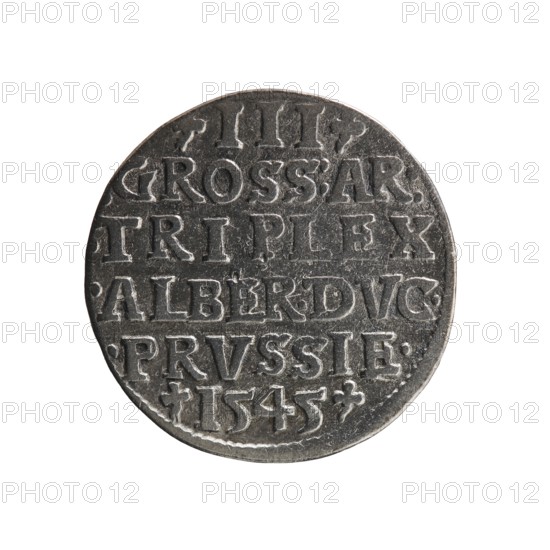 Trojak coin by Maciej Schilling; co-creator Jost Ludwik Decjusz fl. 1528–1535; mintmaster. Obverse: male bust in armour in profile turned right; short hair, long pointed beard with sideburns; rim inscription beginning with a trefoil: -ALBER DG MAR BRAN DVX PRVSS; pearl border, plant motifs between words. Reverse: six-line inscription in pearl border: -III-/.GROSS:AR:/.TRIPLEX./.ALBER:DVC./.PRVSSIE./-1545-; denomination and date between trefoil marks. 1545. Ducal Prussia 1525–1701; Königsberg mint. Coin, diameter 21.0 mm, weight 2.54 g, axis 90°.