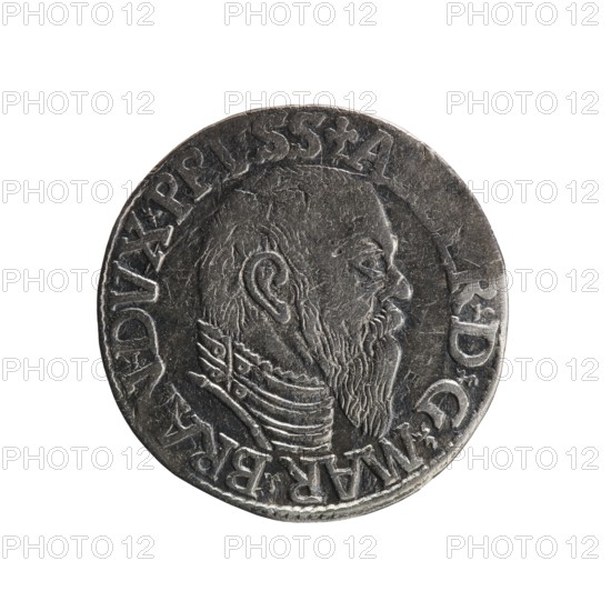 Trojak; makers: Decius, Jost Ludwik fl. 1528–1535 co-creator, Schilling, Maciej mintmaster/publisher. Obverse: male bust in armour in profile to the right; short hair, long pointed beard with sideburns; rim inscription beginning with a trefoil: ALBERDG MAR BRAN DVX PRVSS; pearl border, plant motifs between words. Reverse: pearl border with six-line inscription: -III-/.GROSS:AR:/.TRIPLEX./.ALBER:DVC./.PRVSSIE./-I544-; denomination and date between trefoil marks. Date: 1544. Place: Ducal Prussia 1525–1701, Königsberg mint. Coin; diameter 21.1 mm; weight 2.55 g; axis 50°., A circular metal coin with a worn, textured surface showing a raised profile of a bearded man facing right; the man has a pronounced ear, short hair, detailed beard, and a layered collar or garment around his neck. The coin's edge is raised and uneven with decorative ridging, and there are faint raised markings around the portrait following the coin's rim. The visible colors are shades of grey, silver, dark grey, and a ...