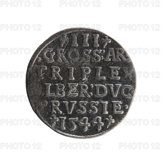 trojak, Decius, Jost Ludwik fl. 1528-1535 co-creator, Schilling, Maciej publisher, Albrecht Hohenzollern Prince of Prussia; 1490-1568 - iconography, trefoils, male busts in armour. Obv. Male bust in armour in profile turned to the right; short hair, long pointed beard with sideburns. In the rim an inscription beginning with a trefoil: ALBERDG MAR BRAN DVX PRVSS; pearl border, plant motifs between the words. Rv. In the pearl border there is an inscription in six lines: -III-/.GROSS:AR:/.TRIPLEX./.ALBER:DVC./.PRVSSIE./-I544- The denomination and date are between the trefoil marks. 1544. Ducal Prussia 1525-1701, Königsberg mint. Coin; diameter 21.1 mm; weight 2.55 g; axis 50°., A round metallic object with a weathered dark gray and silver surface showing raised rectangular shapes and indented areas; the object sits against a plain white background and displays a pattern of several raised straight-edged forms arranged in horizontal groupings across its face, with worn textures and small sc...