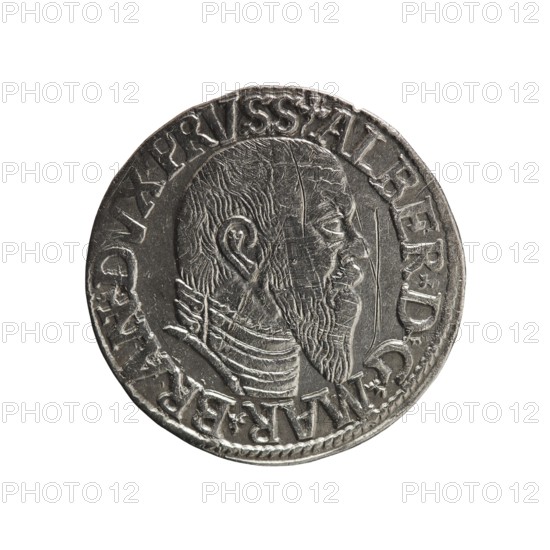 Trojak; Schilling, Maciej mintmaster; Decjusz, Jost Ludwik fl. 1528–1535 co-creator. Obverse: male bust in armour in profile to right; short hair, long pointed beard with sideburns; rim inscription beginning with a trefoil: -ALBER DG MAR BRAN DVX PRVSS; pearl border; plant motifs between words. Reverse: pearl border with six-line inscription: -III-/.GROSS:AR:/.TRIPLEX./.ALBER:DVC./.PRVSSIE./-1545-; denomination and date between trefoil marks. 1545. Ducal Prussia 1525–1701, Königsberg mint. Coin; diameter 21.2 mm; weight 2.65 g; axis 45°., A round metallic coin with a worn surface showing a raised profile of a bearded man facing right; the man has short hair and detailed facial features and is wearing a layered collar or armor, and the rim of the coin features a raised decorative border with several interrupted raised elements. The visible colors are silver and shades of gray, with darker gray in recessed areas and lighter silver on raised highlights.