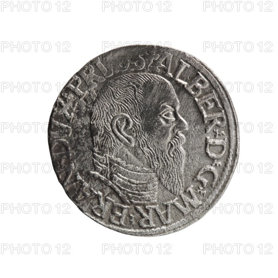 trojak, Schilling, Maciej mintmaster; Decjusz, Jost Ludwik fl. 1528-1535 co-creator; Albrecht Hohenzollern Prince of Prussia; 1490-1568 - iconography: trefoils, male busts in armour. Obv.: male bust in armour in profile turned to the right; short hair, long pointed beard with sideburns. In the rim an inscription beginning with a trefoil: -ALBER DG MAR BRAN DVX PRVSS; pearl border, plant motifs between the words. Rev.: in the pearl border an inscription in six lines: -III-/.GROSS:AR:/.TRIPLEX./.ALBER:DVC./.PRVSSIE./-I545-; the denomination and date are between trefoil marks. 1545. Ducal Prussia 1525-1701, Königsberg mint. Coin: diameter 21.2 mm, weight 2.47 g, axis 315°., A round metallic object with a worn, textured surface showing a raised profile of a bearded man facing right; the profile includes detailed hair, ear, eye, nose, and a long beard, and the figure appears to wear layered clothing or armor at the neck. The object shows raised decorative edges and embossed markings around ...