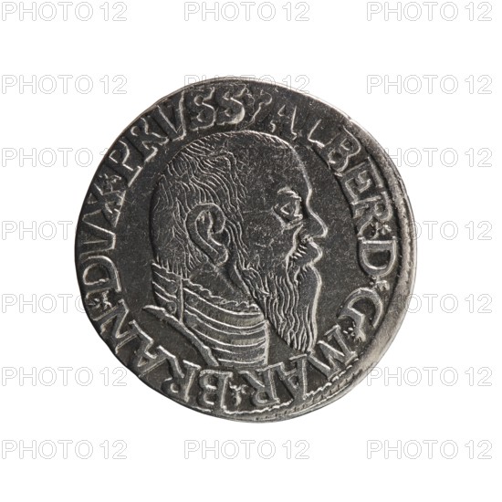 trojak; Schilling, Maciej mintmaster publisher, Decjusz, Jost Ludwik fl. 1528–1535 co-creator / mint manager; Albrecht Hohenzollern Prince of Prussia; 1490–1568 — iconography. Obverse: male bust in armour in profile turned to the right; short hair, long pointed beard with sideburns; in the rim an inscription beginning with a trefoil: -ALBER DG MAR BRAN DVX PRVSS; pearl border, plant motifs between the words. Reverse: in the pearl border an inscription in six lines: -III-/.GROSS:AR:/.TRIPLEX./.ALBER:DVC./.PRVSSIE./-1544-; the denomination and date are between trefoil marks. 1544. Ducal Prussia 1525–1701, Königsberg mint. Coin: diameter 21.4 mm, weight 2.48 g, axis 90°., A round metallic coin with a raised profile of a bearded man's head in profile facing right; the surface shows engraved hair and beard lines and a textured background; a raised rim encircles the portrait with decorative raised markings around the edge; colors visible are metallic silver and dark gray with shadows and sli...