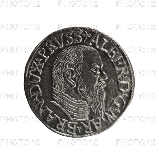 Trojak coin by Schilling, Maciej mintmaster and co-creator Decjusz, Jost Ludwik fl. 1528–1535 mint manager. Iconography: trefoils, male busts in armour. Obverse: male bust in armour in profile to right; short hair, long pointed beard with sideburns. In the rim an inscription beginning with a trefoil: -ALBER DG MAR BRAN DVX PRVSS; pearl border, plant motifs between the words. Reverse: in the pearl border an inscription in six lines: -III-/.GROSS:AR:/.TRIPLEX./.ALBER:DVC./.PRVSSIE./-I545-; the denomination and date are between trefoil marks. Date: 1545. Place: Ducal Prussia 1525–1701, Königsberg mint. Medium: coin. Dimensions: diameter 21.5 mm; weight 2.65 g; axis 315°., A round metallic coin with a raised profile of a bearded man facing right, showing textured hair, ear, and detailed beard, surrounded by a raised rim with decorative motifs; the coin appears in shades of silver and dark gray with light reflecting on the raised areas, and the background is white.