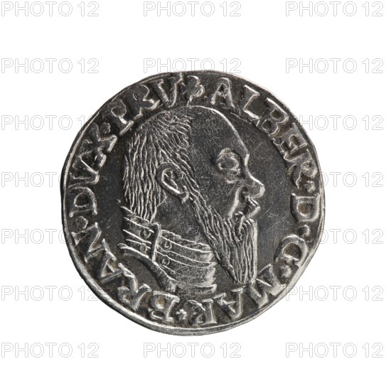 Trojak, Schilling, Maciej mintmaster, co-creator. Obverse: male bust in armour in profile turned right; short hair, long pointed beard with sideburns; rim inscription beginning with a trefoil -ALBER*D*G*MAR*BRAN*DVX*PRV and continuous border. Reverse: inscription in six lines in the continuous border -III-/.GROSS:AR:/.TRIPLEX./.ALBER:DVC./.PRVSSIE./-I546-; denomination and date between trefoil marks. 1546. Ducal Prussia 1525–1701. Königsberg mint. Coin; diameter 21.1 mm; weight 2.70 g; axis 50°., A round metallic object with a reflective silver-gray surface showing the profile of a bearded man facing right; the man has short textured hair and a long pointed beard, and he wears a high collar with layered bands and rivet-like details. The coin edge is raised and bears a continuous decorative border around the portrait. The visible colors are silver-gray and darker gray tones from shadows and surface wear.