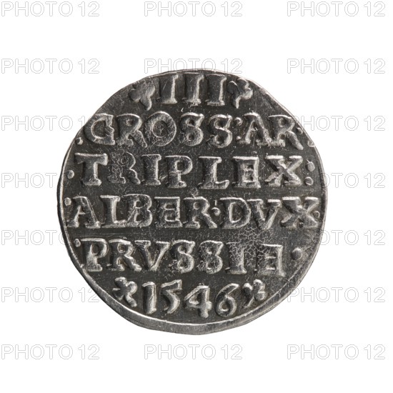 trojak, Schilling, Maciej mintmaster; co-creator; Albrecht Hohenzollern Prince of Prussia; 1490–1568 — iconography: trefoils, male busts in armour. Obverse: male bust in armour in profile turned to the right; short hair, long pointed beard with sideburns; rim inscription beginning with a trefoil -ALBER*D*G*MAR*BRAN*DVX*PRV; continuous border. Reverse: continuous border inscription in six lines -III-/.GROSS:AR:/.TRIPLEX./.ALBER:DVC./.PRVSSIE./-I546- with denomination and date between trefoil marks. 1546. Ducal Prussia 1525–1701, Königsberg mint. Coin; diameter 21.1 mm; weight 2.70 g; axis 50°., A round metallic coin with a raised rim, showing a textured surface and wear. The coin appears silver-gray with darker gray recessed areas and lighter highlights on raised details. The design consists of several horizontal bands of raised elements and decorative dots around the edge. The surface shows scratches and small pits, with uneven shading that suggests tarnish and polishing. The backgroun...