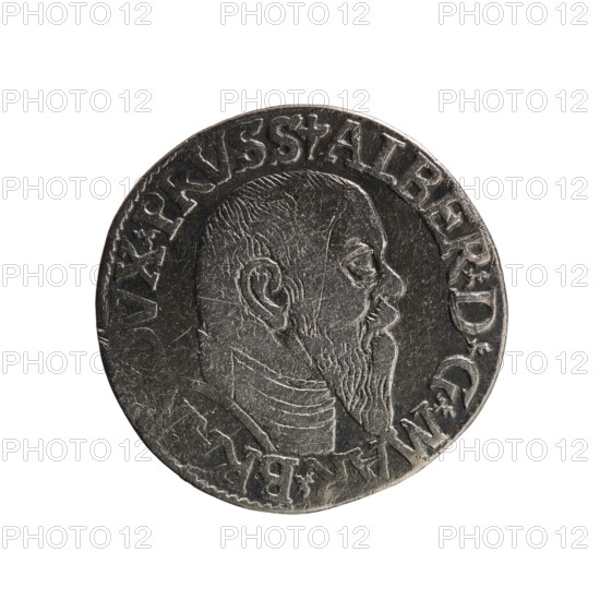 Trojak, Schilling, Maciej mintmaster; co-creator. Obverse: male bust in armour in profile turned right; short hair, long pointed beard with sideburns; rim inscription beginning with a trefoil: -ALBER DGMAR BRAN .VX PRVSS; pearl border, plant motifs between the words. Reverse: pearl border with six-line inscription: -III-/.GROSS:AR/.TRIPLEX./.ALBER:DVC./.PRVSSIE./-I546-; denomination and date between trefoil marks. 1546. Ducal Prussia 1525–1701, Königsberg mint. Coin; diameter 21.2 mm; weight 2.46 g; axis 60°., A round metallic object with a worn dark gray and silver surface depicting a profile of a bearded man facing right; the portrait shows textured hair, ear, eye, nose, mustache, and a long beard, and the man appears to wear a high collar. The object has a raised rim and several raised decorative elements around the edge. The overall colors visible are dark gray, silver, and hints of lighter gray.