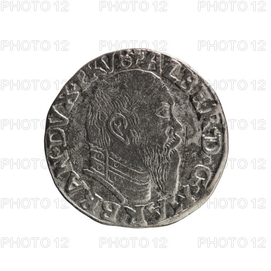 Trojak by Maciej Schilling mintmaster, co-creator. Obverse: male bust in armour in profile to right; short hair, long pointed beard with sideburns; rim inscription beginning with a trefoil -ALBER*D*G*MAR*BRAN*DVX*PRVS and continuous border. Reverse: continuous border inscription in six lines -III-/.GROSS:AR:/.TRIPLEX./.ALBER:DVC./.PRVSSIE./-I546- with denomination and date between trefoil marks. Dated 1546. Ducal Prussia 1525–1701; Königsberg mint. Coin; diameter 21.0 mm; weight 2.54 g; axis 320°., A round metallic coin with a worn, textured surface showing a raised profile of a bearded man facing right; the portrait includes detailed hair and beard texture and a visible ear, and the man appears to wear a garment with layered collar lines. The coin edge is irregular and slightly uneven, with raised rim details, and the surface shows areas of darker and lighter metallic tones. The visible colors in the image are silver, gray, and dark gray.