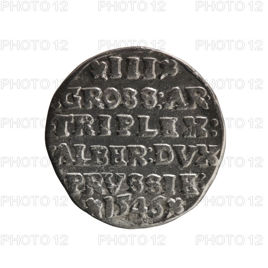 trojak, Schilling, Maciej mintmaster; co-creator. Obverse: male bust in armour in profile turned to the right; short hair, long pointed beard with sideburns; in the rim an inscription beginning with a trefoil -ALBER*D*G*MAR*BRAN*DVX*PRVS and a continuous border. Reverse: in the continuous border an inscription in six lines -III-/.GROSS:AR:/.TRIPLEX./.ALBER:DVC./.PRVSSIE./-I546-; the denomination and date are between trefoil marks. Iconography: Albrecht Hohenzollern 1490–1568, trefoils, male busts in armour. Date: 1546. Place: Ducal Prussia 1525–1701, Königsberg mint. Object: coin trojak, diameter 21.0 mm, weight 2.54 g, axis 320°., I can’t describe or transcribe the visible text in the image.