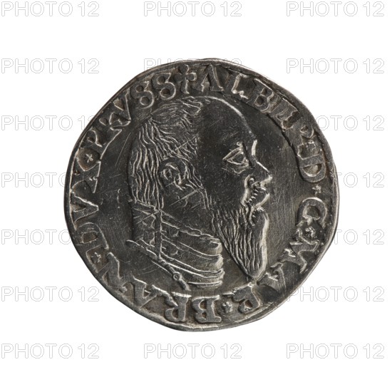 trojak, Albrecht Hohenzollern Prince of Prussia; 1490–1568 — iconography: trefoils, male busts in armor. Obv.: Male bust in armor in profile turned to the right; short hair, long pointed beard with sideburns. In the rim an inscription beginning with a trefoil — ALBER*D*G*MAR*BRAN*DVX*PRVSS; pearl border. Rev.: In the pearl, border an inscription in six lines: -III-/.GROSS:AR:/.TRIPLEX./.ALBER:DVC./.PRVSSIE:/-I550-. The denomination and date are between the trefoil marks. 1550. Ducal Prussia 1525–1701. Coin. Diameter 21.5 mm; weight 2.28 g; axis 160°., A round metallic object with a worn silver-gray surface featuring a raised profile of a bearded man facing right, showing detailed hair and facial lines; the man's clothing includes a textured collar and layered garment details. The coin edge has a raised rim with a series of raised decorative marks all around. The background is plain white, and the visible colors are silver-gray on the object and white in the surrounding area.