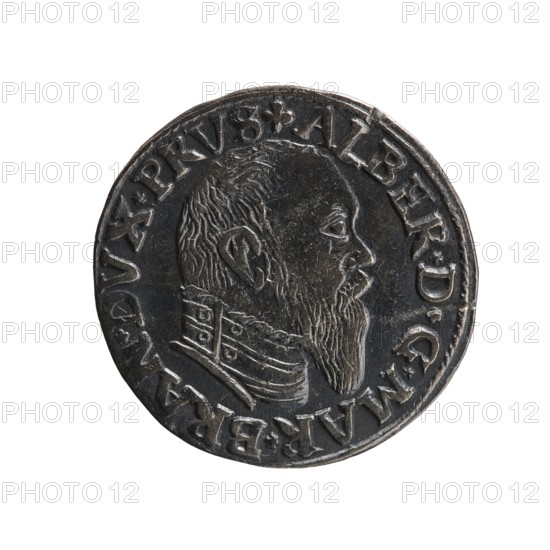 trojak; Albrecht Hohenzollern Prince of Prussia; 1490–1568 — iconography: trefoils, male busts in armor. Obverse: male bust in armor in profile to right; short hair, long pointed beard with sideburns. In the rim an inscription beginning with a trefoil — ALBER*D*G*MAR*BRAN*DVX*PRVS; pearl border. Reverse: within the pearl border an inscription in six lines: -III-/.GROSS:AR/.TRIPLEX:/.ALBER:DVC./.PRVSSIE:/-I550- the denomination and date are between trefoil marks. Date: 1550. Place: Ducal Prussia 1525–1701. Object type: coin trojak. Diameter 21.5 mm; weight 2.51 g; axis 50°., A circular metallic coin with a dark silver-gray surface showing a raised profile of a bearded man facing right, with detailed hair and a long beard and wearing a high collared garment with patterned decoration; a raised rim surrounds the coin and there is a band of raised lettering around the portrait; the coin shows areas of lighter silvery highlights and darker gray shadows and subtle worn textures across its sur...
