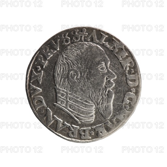 trojak, Albrecht Hohenzollern Prince of Prussia; 1490–1568 — iconography: trefoils, male bust in armor. Obv.: male bust in armor in profile to the right; short hair, long pointed beard with sideburns. In the rim an inscription beginning with a trefoil: -ALBER*D*G *MAR*BRAN*DVX*PRVSS; pearl border. Rev.: in the pearl border an inscription in six lines: -III-/.GROSS:AR:/.TRIPLEX./.ALBER:DVC./PRVSSIE./-I550-; the denomination and date are between trefoil marks. 1550. Ducal Prussia 1525–1701, Königsberg mint. Coin; diameter 21.5 mm; weight 2.51 g; axis 0°., A close-up of a round metallic coin showing the profile of a bearded man facing right, with engraved hair and facial features and a detailed collar. The coin surface appears worn and scratched with raised edges and embossed decorative elements around the rim. Visible colors include shades of silver, gray, and darker gray tones.