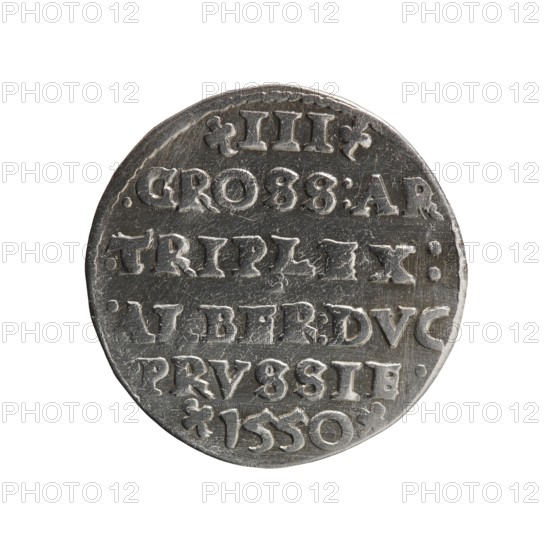 trojak, Albrecht Hohenzollern Prince of Prussia; 1490–1568 — iconography: trefoils, male busts in armor. Obverse: male bust in armor in profile turned to the right; short hair, long pointed beard with sideburns. In the rim an inscription beginning with a trefoil: -ALBER*D*G *MAR*BRAN*DVX*PRVSS; pearl border. Reverse: in the pearl border an inscription in six lines: -III-/.GROSS:AR:/.TRIPLEX./.ALBER:DVC./PRVSSIE./-I550-; the denomination and date are between the trefoil marks. 1550. Ducal Prussia 1525–1701, Königsberg. Coin; diameter 21.5 mm; weight 2.51 g; axis 0°., A round metallic object with a textured silver-gray surface, showing a series of raised characters arranged in horizontal lines across its face; the object has an uneven edge and areas of slight wear and scratches, and the overall color palette includes shades of silver, gray, and darker gray tones.