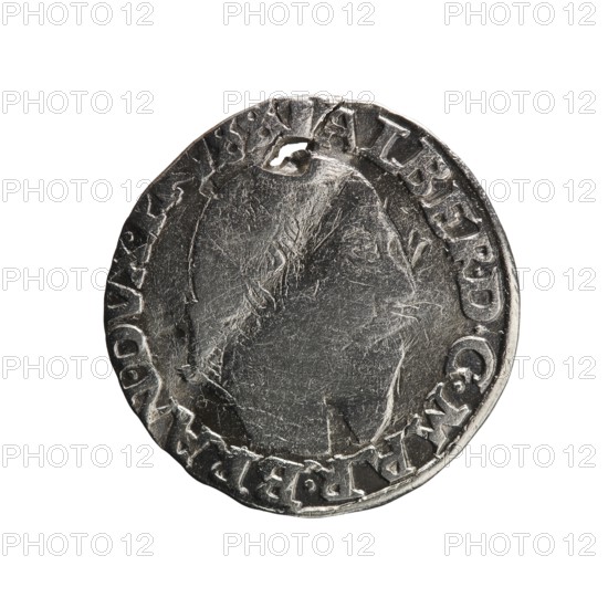 trojak, towers, Albrecht Hohenzollern Prince of Prussia; 1490–1568 - iconography, male busts in armor. Obverse: male bust in armor in profile turned to the right; short hair, long pointed beard with sideburns. In the rim an inscription beginning with a tower: -ALBER.DGMAR.BRAN.DVX.PRVSS; continuous border. Reverse: in the pearl border an inscription in six lines: +III+/GROSS.AR/.TRIPLEX/.ALBER DVC /.PRVSSIE./+I558+; denomination and date between lilac crosses, 1558. Ducal Prussia 1525–1701, Königsberg; coin. Diameter 21.3 mm, weight 2.42 g, axis 0°., A worn round metallic object with a textured, scratched surface and a raised rim, primarily silver and gray in color, showing the faint outline of a profile in the center and a ring of raised characters around the edge, with a small irregular hole near the top and areas of darker tarnish and lighter highlights across the surface.