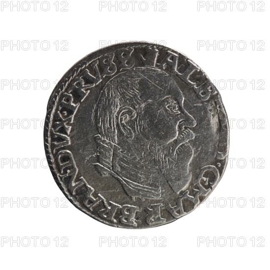 trojak, Albrecht Hohenzollern Prince of Prussia; 1490–1568 - iconography: towers, male busts in armor. Obv.: male bust in armor in profile turned to the right; short hair, long pointed beard with sideburns. In the rim an inscription beginning with a tower - ALBE... G.MAR.BRAN.DVX.PRVSS; pearl border. Rv.: in the pearl border an inscription in six lines: +III+/GROSS:AR./.TRIPLEX/.ALBER.DVC/PRVSSIE./+I558; denomination and date between lilac crosses, 1558. Duchy of Prussia 1525–1701, Königsberg mint. Coin: diameter 21.4 mm, weight 2.52 g, axis 140°., A round metallic coin with a worn surface showing a raised profile of a man's head facing right, featuring a beard and short hair and wearing a high-collared garment; the coin's rim has a raised border and a continuous ring of embossed decorative elements around the portrait; the metal appears silver-gray with darker gray areas in the recessed parts and lighter silver highlights on the raised details.