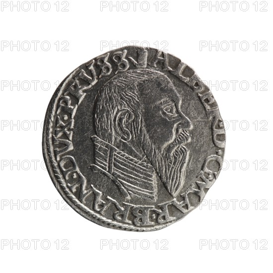 trojak, Albrecht Hohenzollern Prince of Prussia; 1490–1568 - iconography: towers, male busts in armor. Obv.: male bust in armor in profile turned to the right; short hair, long pointed beard with sideburns. In the rim an inscription beginning with a tower - ALBER.D.G.MAR.BRAN.DVX.PRVSS; pearl border. Rv.: in the pearl border an inscription in six lines: +III+/GROSS:AR./.TRIPLEX/.ALBER:DVC./.PRVSSIE./+I558+. Denomination and date between lilac crosses: 1558. Ducal Prussia 1525–1701, Königsberg; coin. Diameter 21.0 mm, weight 2.45 g, axis 200°., A circular metallic object with a textured silver-gray surface showing a raised profile of a bearded man facing right, wearing a high, pleated collar; the rim features a decorative raised border and a ring of raised characters around the portrait. Colors visible include silver-gray with darker gray shadows and lighter gray highlights, and a white background.