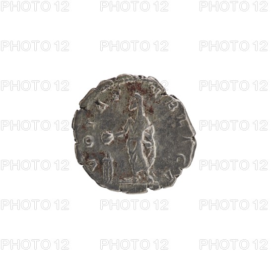 Denarius unofficial of Septimius Severus 146–211; Roman emperor 193–211. Obverse: Head of Septimius Severus with a laurel wreath facing right, inscribed L SEPT SEV PERT - AVG IMP VIII. Reverse: The emperor in a long robe and veil stands frontally with his head turned left, holding a patera above a tripod in his right hand and a scroll in his left, inscribed VOTA P - VBLICA. Iconography: emperor, tripod, paterae, scrolls. Date for the original: 196–197. Roman Empire; possibly minted in Rome. Coin type: denarius; diameter 17.0–18.5 mm; weight 2.65 g; axis 0°., A circular metal object with an irregular, worn edge showing a patina of gray and dark brownish-red, featuring a faint raised outline of a standing human figure in the center and several shallow circular and linear impressions around the perimeter.