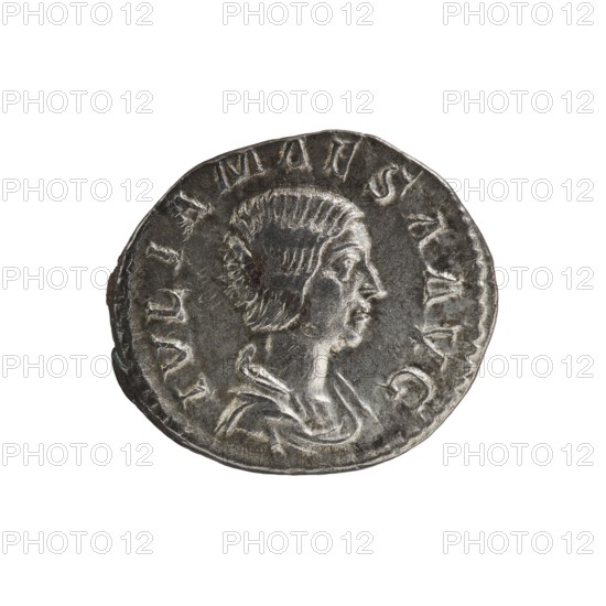 Denarius, Elagabalus 204–222; Roman emperor 218–222. Obverse: IVLIA MAESA AVG. Draped bust of Julia Maesa facing right, pearl rim. Reverse: SAECVLI FELICITAS. Felicitas stands facing left, holding a patera above a burning altar in her right hand and a long caduceus in her left, pearl rim. Date: 218–223. Place of origin: Rome. Coin; diameter approx. 18.0–18.5 mm; weight 2.20 g., A round metallic object with a worn silver-gray surface showing a raised profile of a person facing right, with detailed hair and facial features, and a raised rim with a few irregularities; colors visible include silver-gray with darker gray shadows and a small area of brownish discoloration.