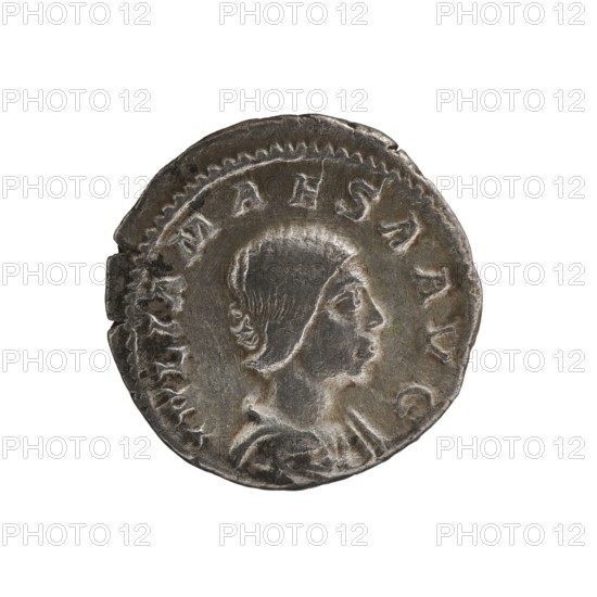 Denarius, Elagabalus 204–222; Roman emperor 218–222. Obv.: IVLIA MAESA AVG — Draped bust of Julia Maesa facing right, pearl rim. Rev.: SAECVLI FELICITAS — Felicitas stands facing left, holding a patera above a burning altar in her right hand and a long caduceus in her left; star in right field, pearl rim. Date: 218–223. Place of origin: Rome. Medium: coin. Diameter: 18.5–19.5 mm. Weight: 2.80 g., A round metallic object with a worn, uneven edge, showing a raised profile of a person facing right with short hair and a draped garment, rendered in low-relief. The surface is textured with scratches and shallow indentations, and there is a raised border around the central portrait. Visible colors include silvery gray, darker gray tones in recessed areas, and subtle brownish patina in some spots.
