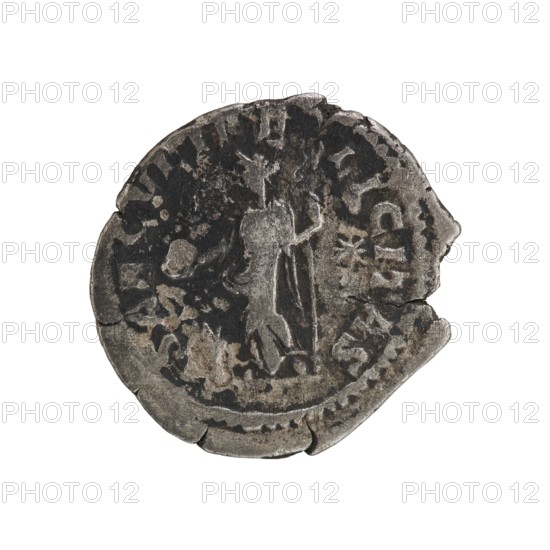 Denarius, Elagabalus 204–222; Roman emperor 218–222. Obv.: IVLIA MAESA AVG — draped bust of Julia Maesa facing right, pearl rim. Rev.: SAECVLI FECITAS — Felicitas standing left, holding a patera above a burning altar in her right hand and a long caduceus in her left; star in right field, pearl rim. Date: 218–223. Place of origin: Rome. Medium: coin; diameter 18.0–18.5 mm; weight 2.72 g., A worn circular metallic object with an irregular edge displaying a mixture of dark gray, light gray, and patches of brownish tarnish; faint raised relief shows a standing human-like figure holding a long vertical staff and a round object, surrounded by textured areas and curved border details, with several small chips and cracks along the rim.