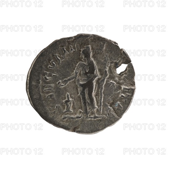 Denarius, Elagabalus Roman emperor 218–222. Obv.: IVLIA MAESA AVG — Draped bust of Julia Maesa facing right, pearl border. Rev.: SAECVLI FELICITAS — Felicitas standing left; right hand holds a patera above a burning altar, left hand holds a long caduceus; star in right field, pearl border. Rome, 218–223. Coin; diameter 17.5–19.0 mm; weight 2.40 g., A round, worn metal object with a rough, uneven surface showing raised, irregular outlines that suggest the shapes of standing human figures and a smaller seated figure, with visible dents, scratches, and a small hole near the edge; the object is primarily dark gray with lighter gray highlights on raised areas and tiny hints of bluish discoloration in a few spots, set against a plain white background.