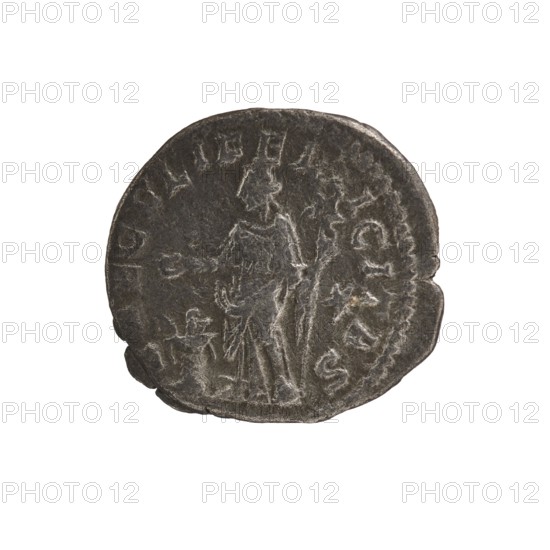 Denarius, Elagabalus 204–222; Roman emperor 218–222. Obverse: IVLIA MAESA AVG — Draped bust of Julia Maesa facing right, pearl rim. Reverse: SAECVLI FELICITAS — Felicitas stands facing left, holding a patera above a burning altar in her right hand and a long caduceus in her left; star in right field, pearl rim. Date: 218–223. Place of origin: Rome, Roman Empire. Medium: coin. Dimensions: diameter 17.0–18.0 mm; weight 2.60 g., A circular dark gray coin with worn raised designs showing a standing human figure in the center and a smaller figure nearby, surrounded by a textured rim; the coin surface has lighter gray highlights on the raised areas and darker gray in recessed areas, with an irregular edge and a few small chips.