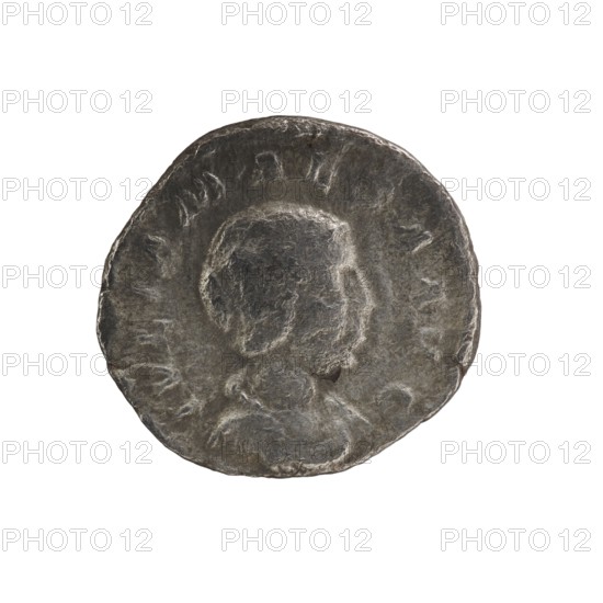Denarius, Elagabalus Roman emperor 218–222. Obverse: IVLIA MAESA AVG — Draped bust of Julia Maesa facing right, pearl border. Reverse: SAECVLI FELICITAS — Felicitas standing left, holding a patera above a burning altar in her right hand and a long caduceus in her left; star in right field, pearl border. Roman Empire, Rome; 218–223. Coin. Diameter 17.5–19.0 mm; weight 2.12 g., A round, worn coin with a raised profile of a person facing right, showing the head, neck, and shoulders; the surface is textured and irregular with uneven edges. The coin appears in shades of gray and dark silver with lighter silver highlights on raised areas and some darker gray shadows in the recessed parts. The background around the coin is white.