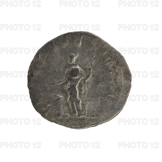 Denarius, Elagabalus 204–222; Roman emperor 218–222. Obverse: IVLIA MAESA AVG — Draped bust of Julia Maesa facing right, pearl border. Reverse: SAECVLI FELICITAS — Felicitas standing left, holding a patera above a burning altar in her right hand and a long caduceus in her left; star in right field, pearl border. Date: 218–223. Roman Empire. Place of mint: Rome. Coin; diameter 17.5–19.0 mm; weight 2.12 g., A round, worn coin with a rough, uneven edge and a predominantly gray and dark gray surface showing a faint, raised outline of a standing human figure in the center; the coin surface has lighter gray highlights on raised areas and darker gray in recessed parts, with subtle variations of brownish-gray patina and slight scuff marks across the face.