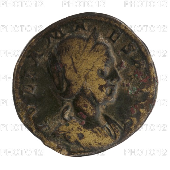 Dupondius, Elagabalus 204–222; Roman emperor 218–222. Obverse: IVLIAMAESAAVG — Bust of Julia Maesa in drapery and diadem facing right, pearl border. Reverse: SAECVLIFELICITAS — Felicitas stands facing left, holding a patera above a burning altar in her right hand and a long caduceus in her left; star in right field, SC on sides; pearl border. Date: 218–223. Roman Empire. Rome. Coin dupondius; diameter ~24–25 mm; weight 11.50 g., A circular metal coin with worn raised relief showing a profile of a person's head facing right, the surface mottled with dark brown, gold, and areas of green and red corrosion; the coin edge is uneven and the relief includes subtle shadows and highlights emphasizing facial contours and clothing folds.