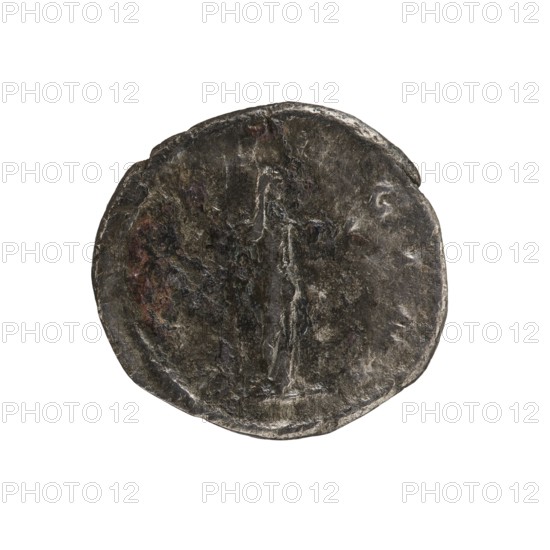 Denarius, Elagabalus reigned 218–222. Issued by Julia Soaemias Augusta, 218–222. Obverse: Draped bust of Julia Soaemias facing right, pearl rim; inscription IVLIASOAEMIASAVGVSTA. Reverse: Juno standing right, holding a sceptre in her right hand and a palladium in her left; pearl rim; inscription IVNO REGINA. Rome, 218–222. Roman Empire. Coin; diameter ~18.0–18.5 mm; weight 2.62 g., A worn round metal object with an irregular edge, appearing mostly dark gray with areas of lighter gray highlights and small patches of reddish-brown discoloration; the surface shows uneven texture with shallow raised and indented areas and a faint vertical raised line near the center.
