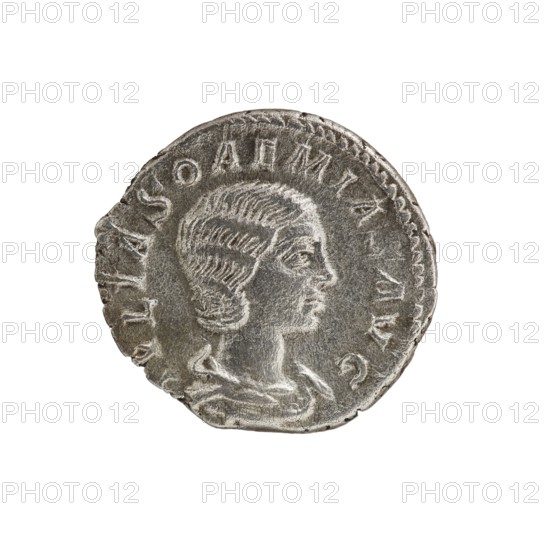 Denarius, Elagabalus 204–222; Roman emperor 218–222 issuer; Julia Soaemias 180–222; Augusta 218–222; Venus mythology. Obv.: IVLIA SOAEMIAS AVG — Draped bust of Julia Soemias facing right, pearl rim. Rev.: VENVSCAE LESTIS — Venus standing left, holding an apple in her right hand and a scepter in her left, a star in the left field, pearl rim. 218–222, Roman Empire 27 BC–476, Rome; coin; diameter 19.0 mm; weight 3.15 g., A round metallic object with a worn, textured surface showing a raised profile of a person's head facing right, with wavy hair styled close to the head and a visible neck and shoulders; the edge has a decorative raised border and irregularities along the rim; the object appears primarily silver-gray with darker gray shadows and lighter gray highlights.