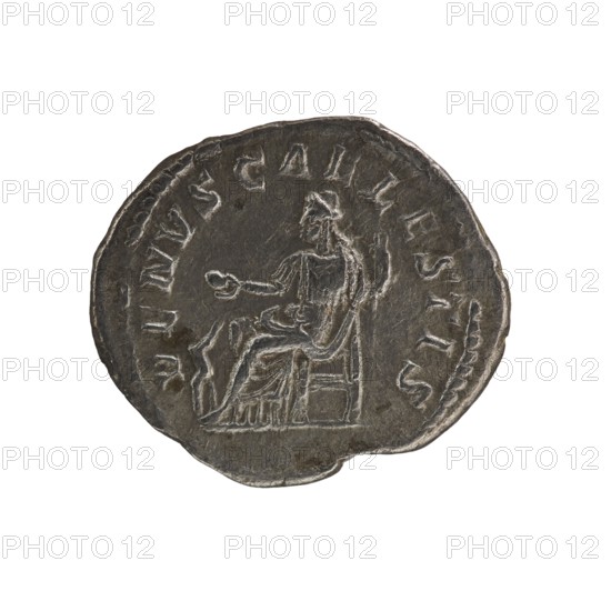 Denarius, Elagabalus 204–222; Roman emperor 218–222. Issuer: Julia Soaemias 180–222; Augusta 218–222. Obverse: IVLIASOAEMIASAVG — Draped bust of Julia Soaemias facing right, pearl border. Reverse: VENVSCAELESTIS — Venus seated on a throne facing left, holding an apple in her right hand and a sceptre in her left; a child with outstretched arms stands at her feet, pearl border. Rome; 218–222. Coin; diameter 18.0–19.0 mm; weight 2.70 g., A round, worn coin with a dark gray metallic surface showing a seated figure in profile on one side; the figure appears draped in robes, seated on a square stool and holding a small rounded object in an outstretched hand while a staff or similar vertical object is behind them. The coin edge is irregular and shows shallow raised ridges and indentations. The overall colors visible are dark gray with lighter silvery highlights on raised areas and subtle brownish tarnish in a few spots.