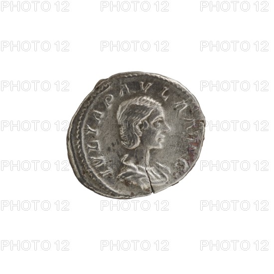 Denarius, Elagabalus 204–222; Roman emperor 218–222 issuer: Julia Paula c.190–235; Roman empress 219–220. Obv.: IVLIAPAVLAAVG — Draped bust of Julia Paula facing right, pearl border. Rev.: CONCORDIA — Concordia seated left, holding a patera in her right hand, resting the elbow of her left hand on the back of the throne; star in left field, pearl border. Date: 219–220. Place: Rome, Roman Empire. Coin; diameter 16.5–19.0 mm; weight 3.20 g., A round metallic coin with a worn, uneven edge showing a profile of a person facing right, with short wavy hair and a visible ear, a neck and shoulders draped in cloth, and a crack near the bottom; the surface shows textured wear and patina in shades of gray and silver with hints of darker gray and small areas of brownish discoloration, set against a plain white background.
