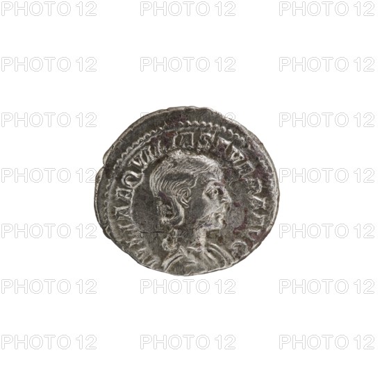 Denarius, Elagabalus 204–222; Roman emperor 218–222. Issuer: Aquilia Severa fl. 220–222; Roman empress 221–222. Roman Empire, Rome, 220. Obv.: IVLIA AQVILIA SEVERA AVG — Draped bust of Aquilia Severa facing right, pearl border. Rev.: CONCORDIA — Concordia standing left; right hand holds a patera above a burning altar, left hand holds a double cornucopia; pearl rim. Coin; silver denarius; diameter ~17.5–19.0 mm; weight 2.90 g., A round metallic object with a raised profile of a person in relief, showing a side-facing head with detailed hair and facial features, set against a textured background and surrounded by a raised border; the object displays a worn, uneven surface with areas of darker discoloration and lighter metallic highlights in shades of silver, gray, and muted brown.