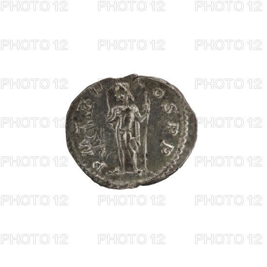 Denarius; Obv.: Bust of Alexander Severus with laurel wreath and paludamentum facing right, pearl rim; inscription IMPCMAVRSEVALEXANDAVG. Rev.: Jupiter naked in a cloak stands facing left, holding a thunderbolt in his right hand and a long scepter in his left, pearl rim; inscription PMTRP COSPP. Roman, 222 CE. Minted in Rome. Coin; diameter ~17.0–19.0 mm; weight 2.51 g., A round metal coin with a worn, uneven edge shown against a white background; the coin appears silvery gray with darker gray areas from tarnish. The coin surface shows a raised figure standing in the center holding a long staff, with visible drapery or cloth folds around the figure; the figure and surrounding relief have lighter gray highlights contrasting with darker recessed areas. There is a faint decorative border around part of the coin rim and a group of small raised shapes along the edge. The overall appearance is metallic with shades of silvery gray and dark gray.