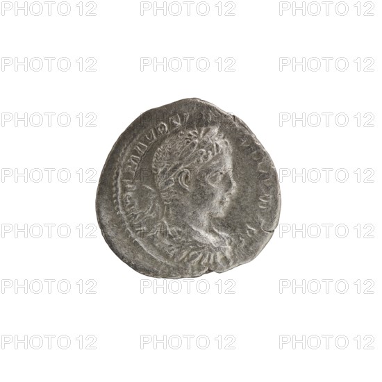 Denarius; Roman deities; Jupiter; Alexander Severus Roman emperor, 222–235 — iconography. Obverse: IMPCMAVRSEVALEXANDAVG — Bust of Alexander Severus with laurel wreath and paludamentum facing right; pearl rim. Reverse: IOVICONSERVATORI — Jupiter naked with a cloak standing facing left, holding a thunderbolt in his right hand and a long scepter in his left; pearl rim. 222–228. Roman Empire. Mint: Rome. Coin; diameter 18.5–19.5 mm; weight 2.65 g., A round metallic coin with a worn, textured surface showing a raised profile of a person's head in relief facing right, surrounded by a decorative raised rim and faint raised markings around the edge; the coin appears primarily silver-gray with darker gray shadows in the recesses and slight lighter gray highlights on the raised areas.
