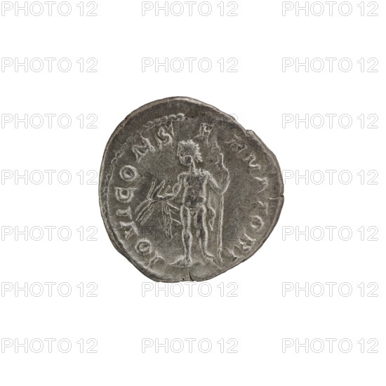 denarius; Roman deities; Jupiter; Alexander Severus Roman emperor, 222–235 — iconography. Obverse: IMPCMAVRSEVALEXANDAVG. Bust of Alexander Severus with laurel wreath and paludamentum facing right; pearl rim. Reverse: IOVICONSERVATORI. Jupiter naked with cloak standing facing left, holding a thunderbolt in his right hand and a long scepter in his left; pearl rim. 222–228. Roman Empire. Rome. Coin; diameter 18.5–19.5 mm; weight 2.65 g., A circular metallic object with a worn, textured surface showing a raised figure in the center holding a staff and a small branch, surrounded by a raised edge and an outer ring of raised markings; the object appears in shades of gray and silver against a white background.